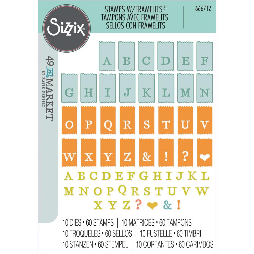 Sizzix A5 Clear Stamps With Framelits Die By 49 And Market - Tab Stamp Alpha 666712......