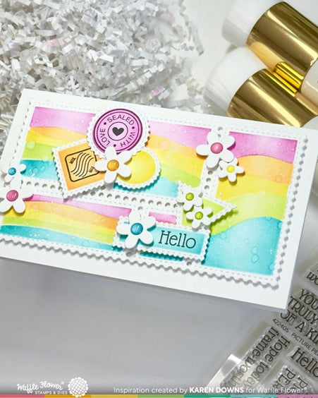 Waffle Flower - Stencil Postage Collage A7 Wavy Lines