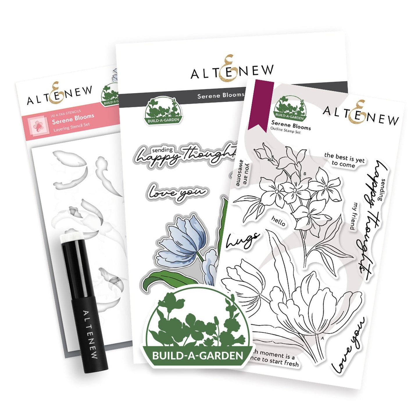 Altenew - Build A Garden - Serene Blooms (stamp, die, stencil set, with blending brush)***