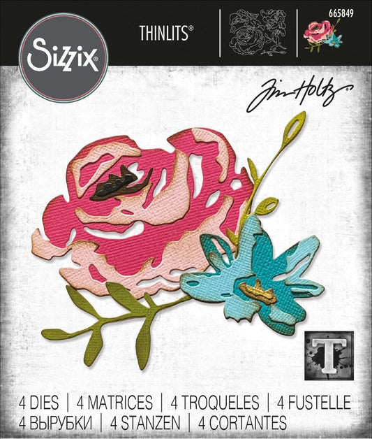 Sizzix / Tim Holtz - 665849 Thinlits Die Set 4PK - Brushstroke Flowers #4*